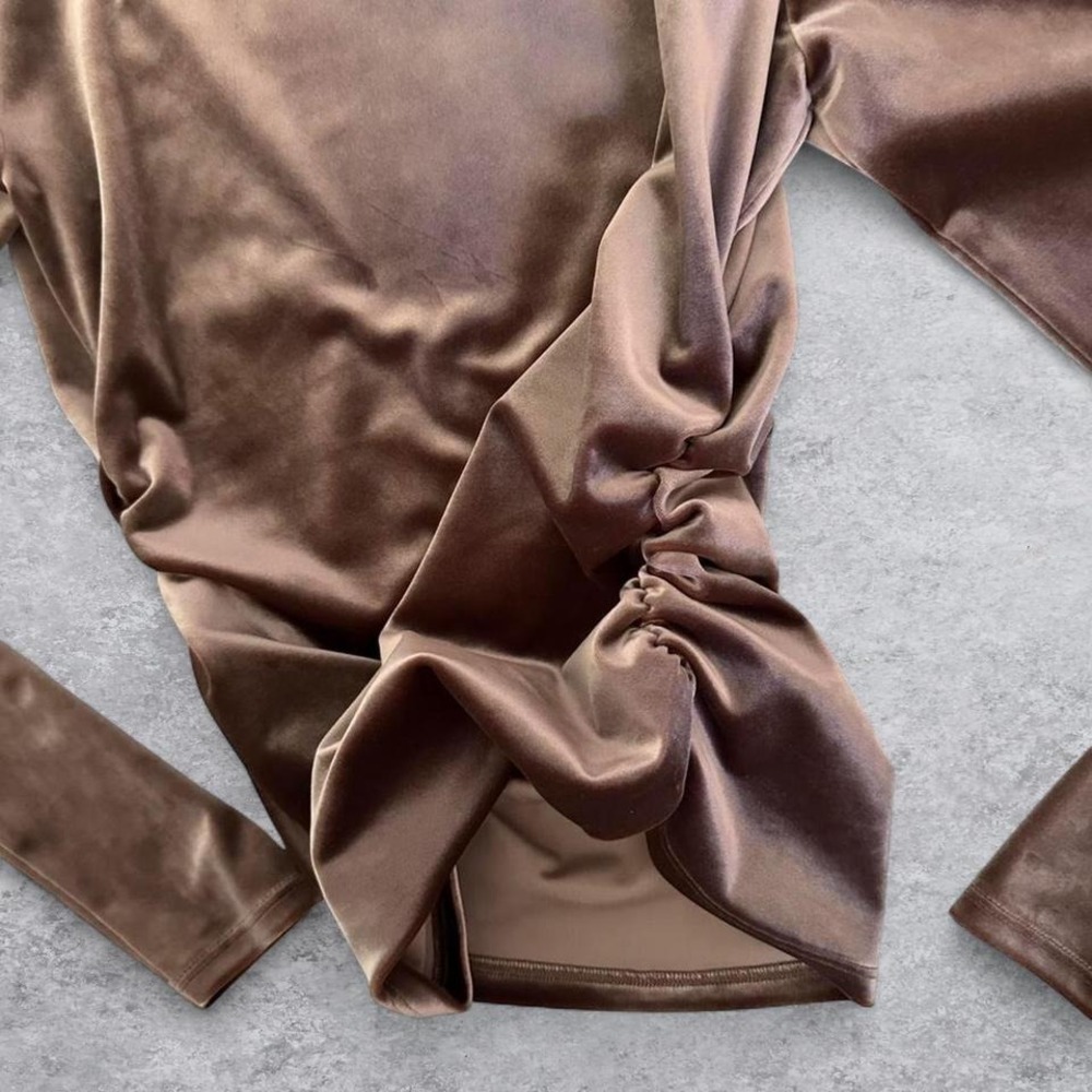 Abercrombie & Fitch Brown Velvet Off the Shoulder Ruched Long Sleeve Top Small - Picture 5 of 7